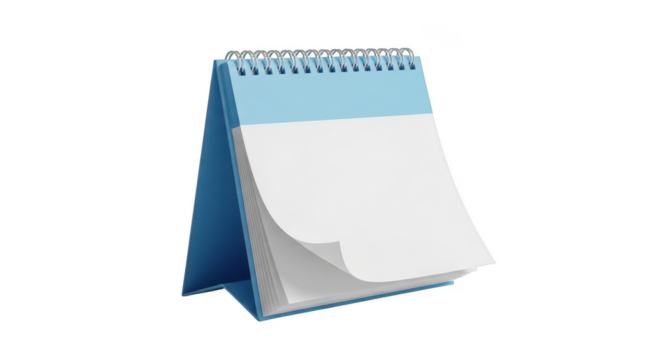 Blank blue and white desk calendar with spiral binding isolated on transparent background