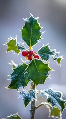 Frosty holly sprig with vibrant red berries