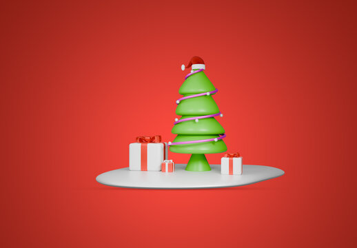 3D Christmas Tree Mockup with Santa Hat and Giftbox on Red Background