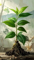 A vibrant young plant sprouts from the earth, bathed in sunlight.  Its lush green leaves extend upward against a backdrop of misty mountains and trees.  Roots anchor the plant firmly in the ground