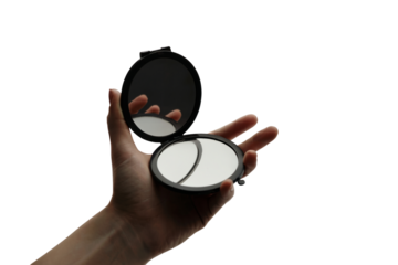 hand holding a cosmetic compact mirror. Isolated on transparent background, png