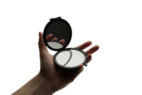 hand holding a cosmetic compact mirror. Isolated on transparent background, png