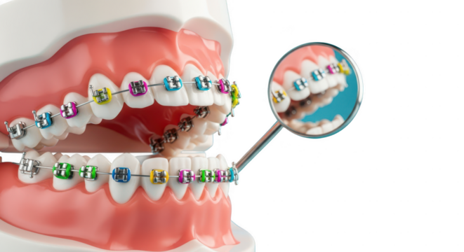 Close up of dental braces on teeth model with magnifying mirror isolated on transparent background