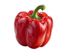 A vibrant red bell pepper isolated on a black background, with its green stem visible