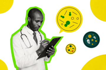 Composite photo collage of serious american doctor hold clipboard write recipe consultation covid bacterium isolated on painted background