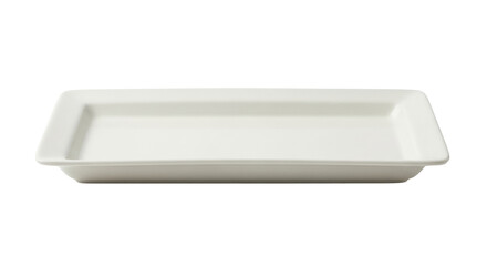 Isolated white rectangular serving dish on clean backdrop, kitchenware with rim and straight lines