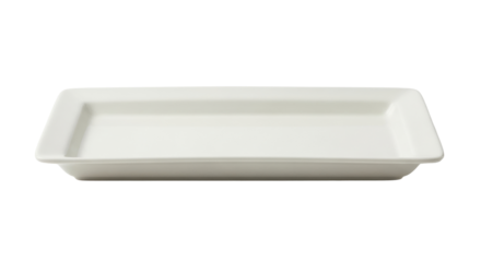 Isolated white rectangular serving dish on clean backdrop, kitchenware with rim and straight lines