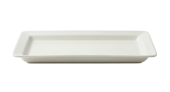Isolated white rectangular serving dish on clean backdrop, kitchenware with rim and straight lines