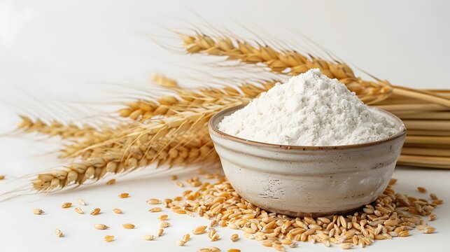 Ceramic Bowl of Flour Surrounded by Wheat Grains and Stalks