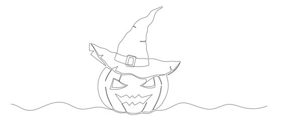 Pumpkin and wizard hat one continuous line illustration. Hand drawn vector sketch isolated on white background. Halloween design