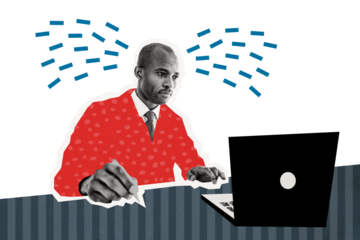 Composite photo collage of serious american man look macbook device office freelance worker surf information isolated on painted background