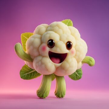Cheerful Cauliflower Character with Arms Raised on Purple Background