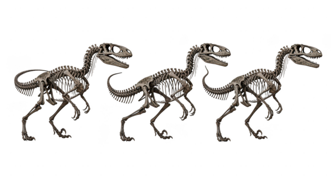 Three velociraptor dinosaur skeletons standing in a row isolated on transparent background