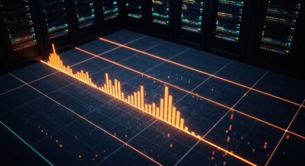 A data center interior features a glowing bar graph overlaid on a blue grid, with server racks