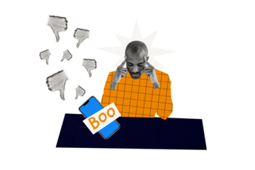 Composite photo collage of sad american man boo iphone screen failure blog thumb down unpopular unlucky isolated on painted background