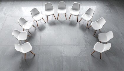 Minimalist White Chairs Arranged in Semicircle on Gray Tiled Floor Interior Design