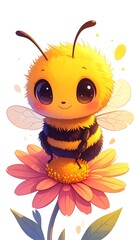 Cute bee on a flower.  Fluffy, stylized bee with large eyes, perched on a pink flower.  Soft colors, happy expression.  Light background