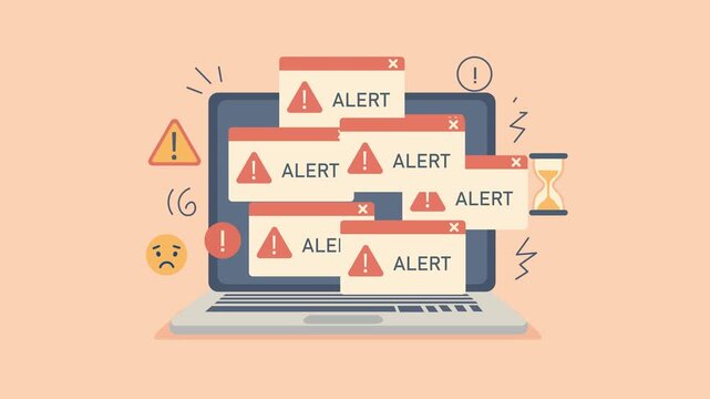 Multiple System Alerts pop-ups on Computer Screen Flat Design Animation on laptop Screen. warning icons,  digital overload, or system errors. 