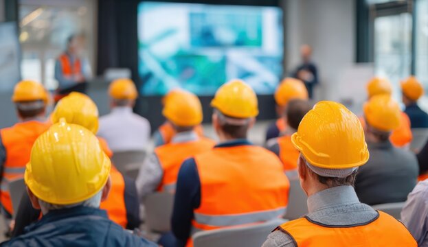 Group of construction workers wearing safety helmets and vests attending training session - Powered by Adobe