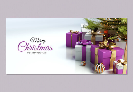 Modern 3D Christmas and New Year Background Mockup with Gift Box, Ball, and Pine Tree