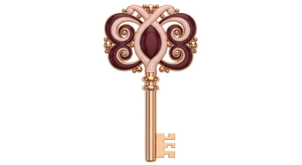 Isolated ornate golden key with pink accent, antique design, vintage decorative fantasy element