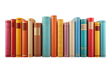 A row of assorted colorful books with spines visible against a black background