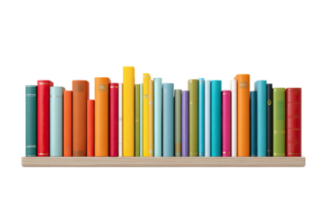 A diverse collection of colorful books standing neatly on a wooden shelf against a dark background
