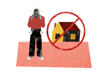 Composite photo collage of upset american guy hold head poor real estate agent blocked sign house bankrupt isolated on painted background