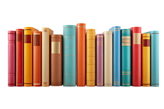 A row of assorted colorful books with spines visible against a black background