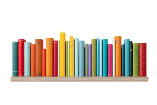 A diverse collection of colorful books standing neatly on a wooden shelf against a dark background
