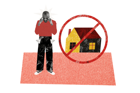 Composite photo collage of upset american guy hold head poor real estate agent blocked sign house bankrupt isolated on painted background