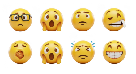 Collection of eight expressive yellow emoji faces isolated on transparent background