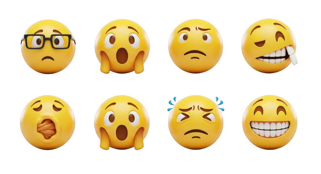 Collection of eight expressive yellow emoji faces isolated on transparent background - Powered by Adobe