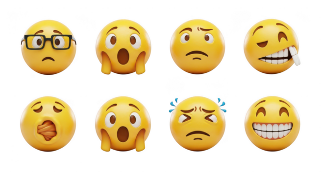 Collection of eight expressive yellow emoji faces isolated on transparent background