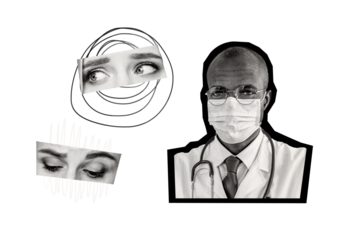 Photo image collage doctor patient medical check examination consultation eyes cutout face fragments look fear drawing background