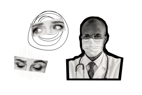Photo image collage doctor patient medical check examination consultation eyes cutout face fragments look fear drawing background