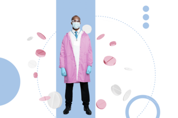 Composite photo collage of serious american doctor wear protection gloves mask mask glasses covid prevention isolated on painted background