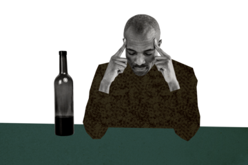 Composite photo collage of sad american man drunk party hangover problem alcohol addiction wine bottle isolated on painted background