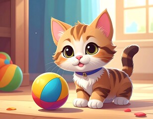 Cute tabby kitten playing with a colorful ball
