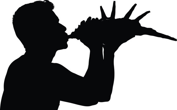 Person blowing conch shell silhouette illustration, ceremonial sound and cultural ritual concept artwork for lifestyle, tradition, and spirituality design