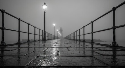 A foggy, wet pier stretches to a lighthouse, lit by lamps, in moody black and white