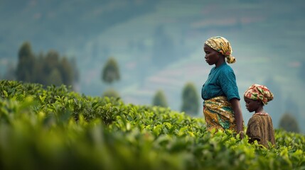 Uganda Women. African Women and Child in the Lush Green Fields of Rwanda