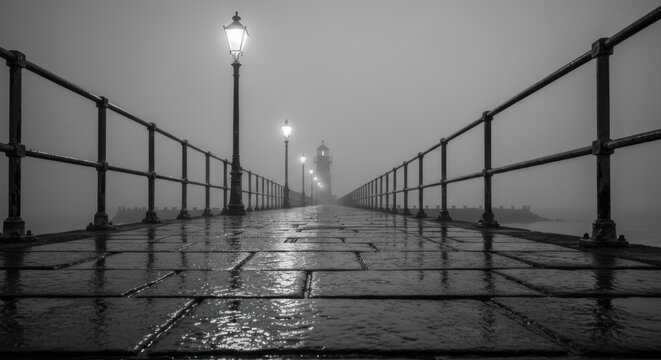 A foggy, wet pier stretches to a lighthouse, lit by lamps, in moody black and white - Powered by Adobe