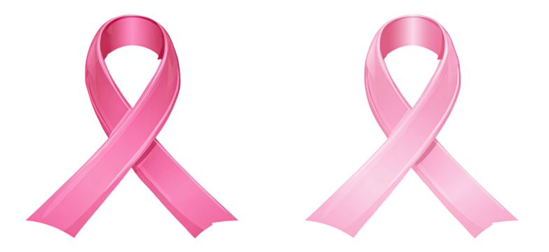 Two rendered, pink ribbons with varying shades, symbols on a stark black background. The bows are detailed