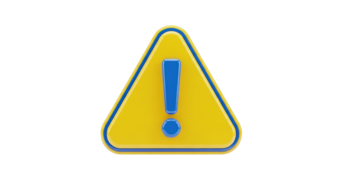 Isolated yellow caution sign with blue exclamation point signifies danger, warning, risk, or hazard