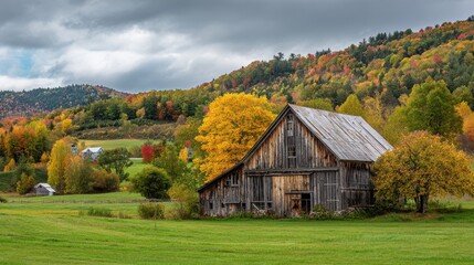Vermont Barn. Rural Landscape with Bragg Barn in Foliage Season