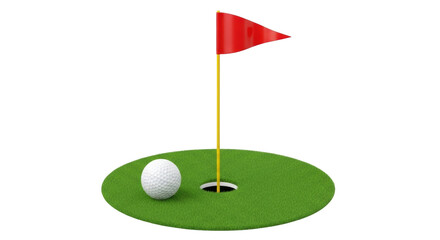 Isolated golf ball on green next to hole and flag, sport equipment and recreation concept