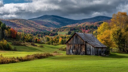 Obraz premium Vermont Barn - Bragg Barn in Waitsfield Captured amidst Foliage Season