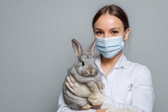 Veterinarian Wearing Mask. Female Vet Caring for Cute Rabbit in Clinic