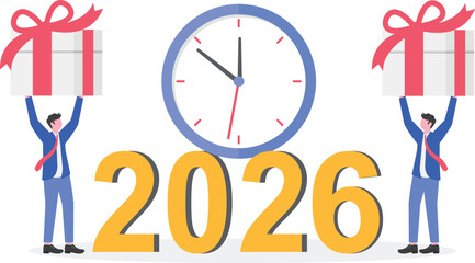 New year 2026 countdown concept with tiny people, clock and large presents in flat design.

